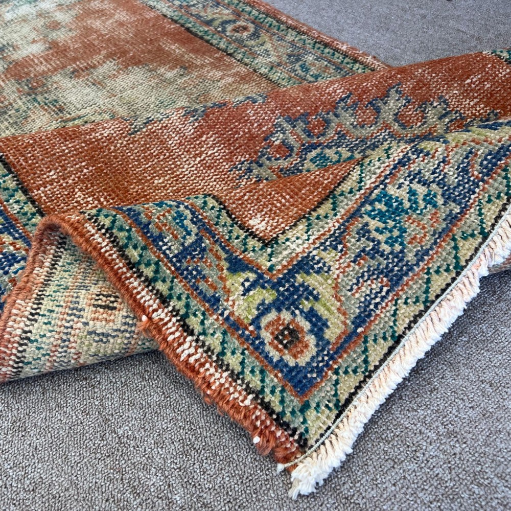 Vintage Hand-Knotted Turkish Wool Runner Rug in Rust Red, Indigo
