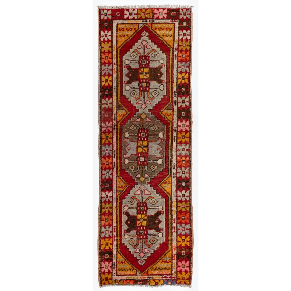 Vintage Tribal Hand-knotted Wool Turkish Runner Rug in Red