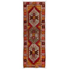 Vintage Tribal Hand-knotted Wool Turkish Runner Rug in Red