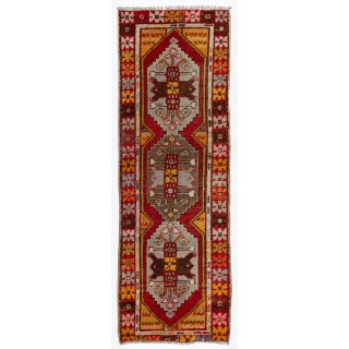 Vintage Tribal Hand-knotted Wool Turkish Runner Rug in Red