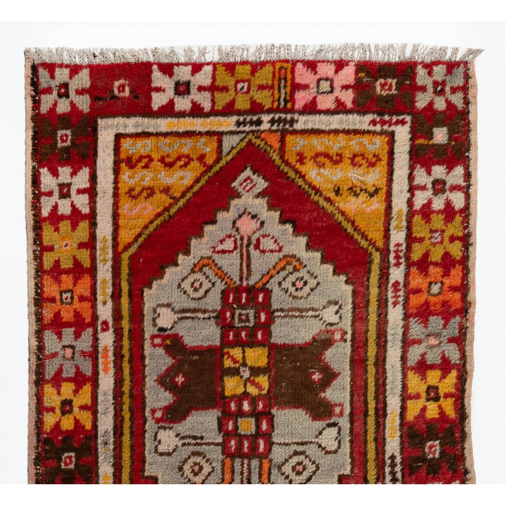 Vintage Tribal Hand-knotted Wool Turkish Runner Rug in Red