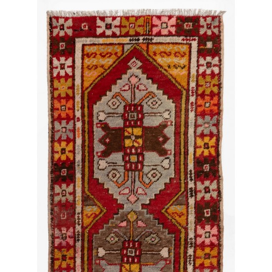Vintage Tribal Hand-knotted Wool Turkish Runner Rug in Red