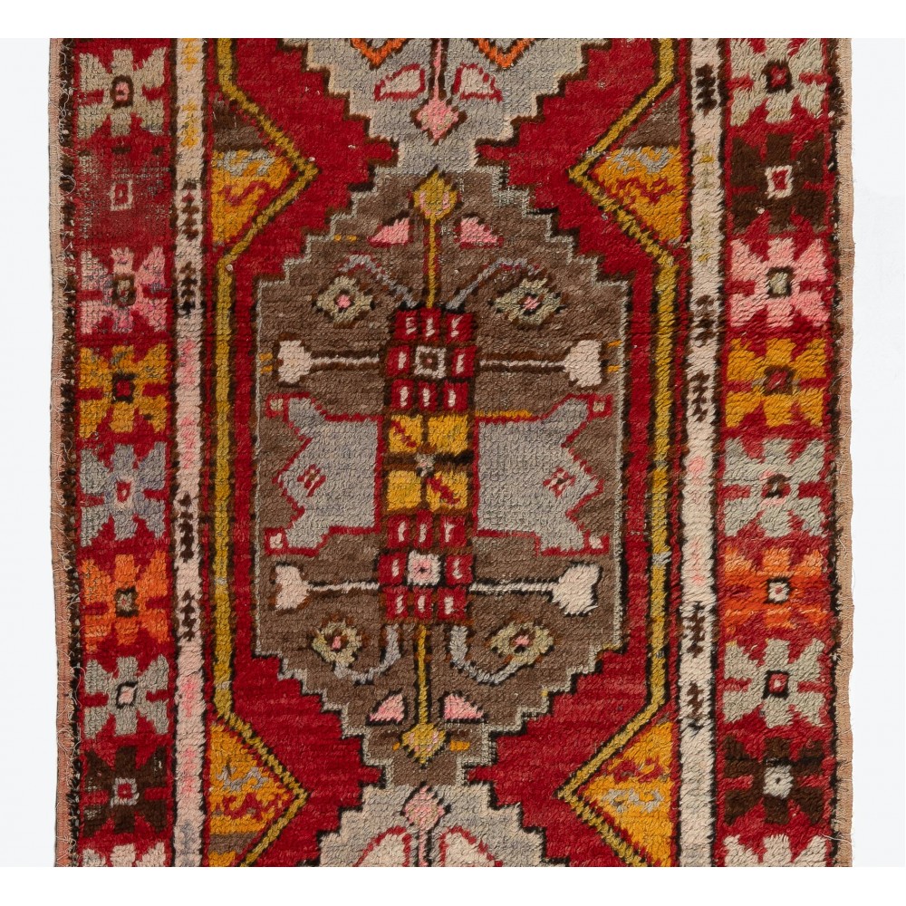 Vintage Tribal Hand-knotted Wool Turkish Runner Rug in Red