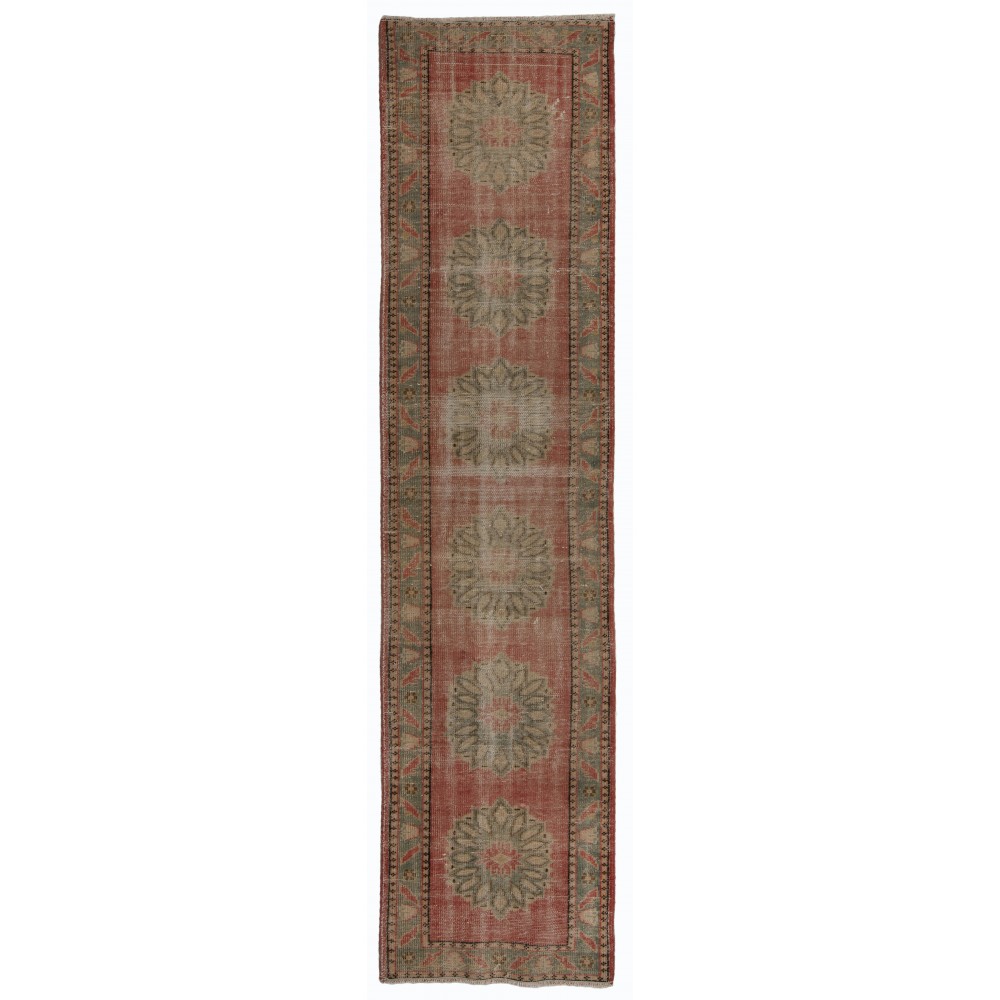 Vintage Hand-Knotted Turkish Runner Rug in Faded Red, Blue and Stone