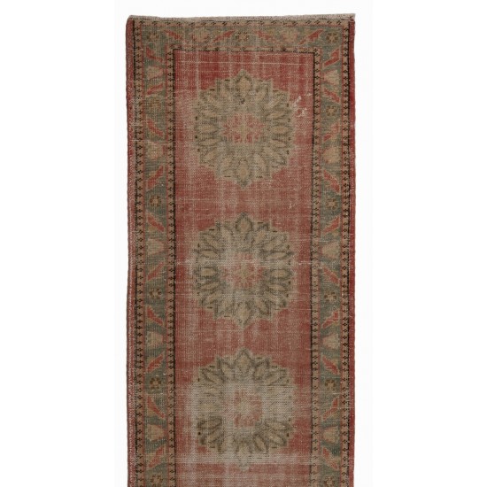 Vintage Hand-Knotted Turkish Runner Rug in Faded Red, Blue and Stone