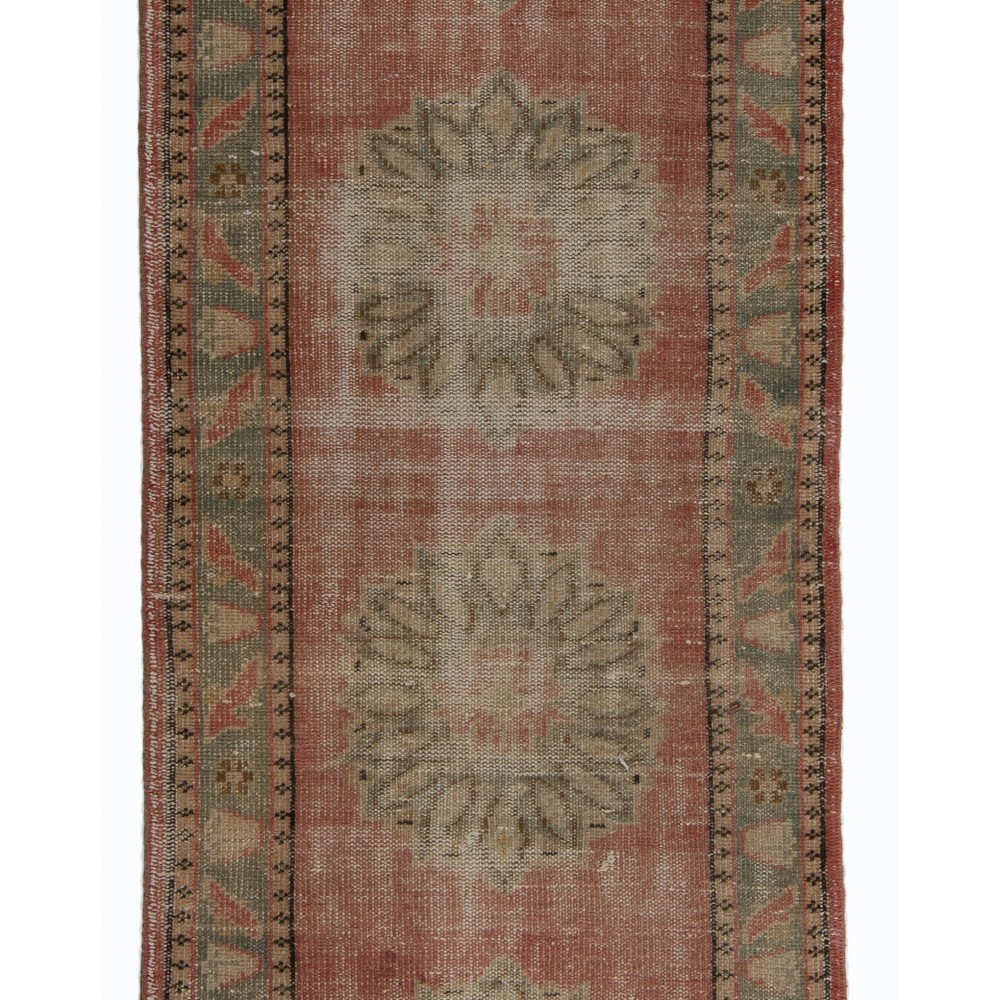 Vintage Hand-Knotted Turkish Runner Rug in Faded Red, Blue and Stone
