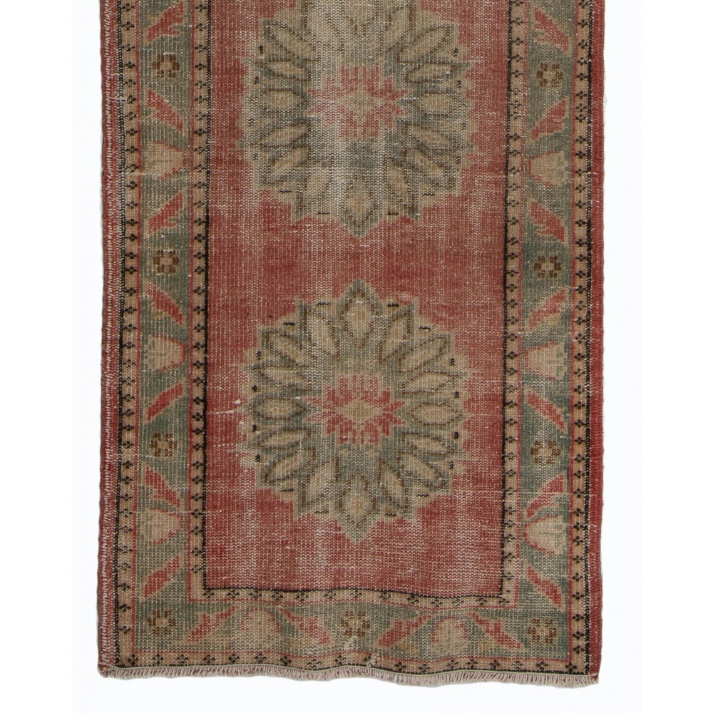 Vintage Hand-Knotted Turkish Runner Rug in Faded Red, Blue and Stone