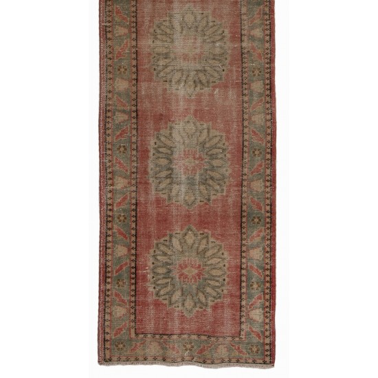 Vintage Hand-Knotted Turkish Runner Rug in Faded Red, Blue and Stone