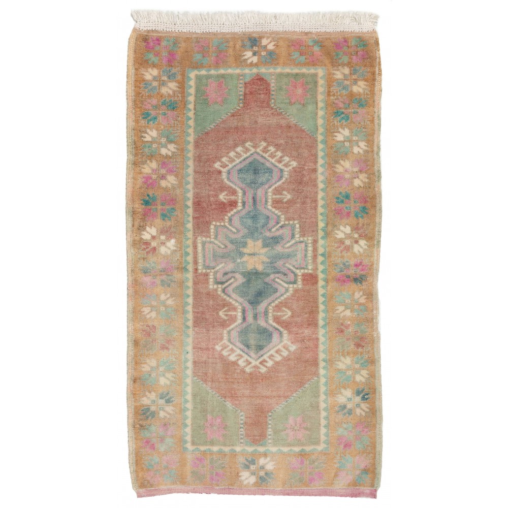 Vintage Hand-knotted Turkish Accent Rug in Soft Colors with Soft Wool Pile