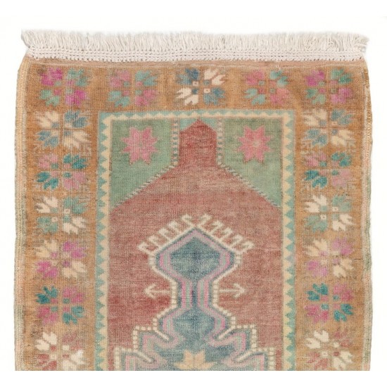 Vintage Hand-knotted Turkish Accent Rug in Soft Colors with Soft Wool Pile
