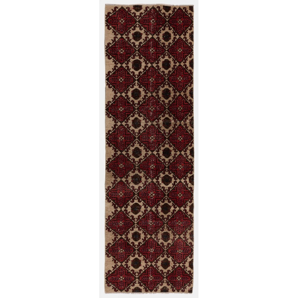 Handmade Vintage Turkish Runner Rug in Red, Beige, Brown & Navy Blue