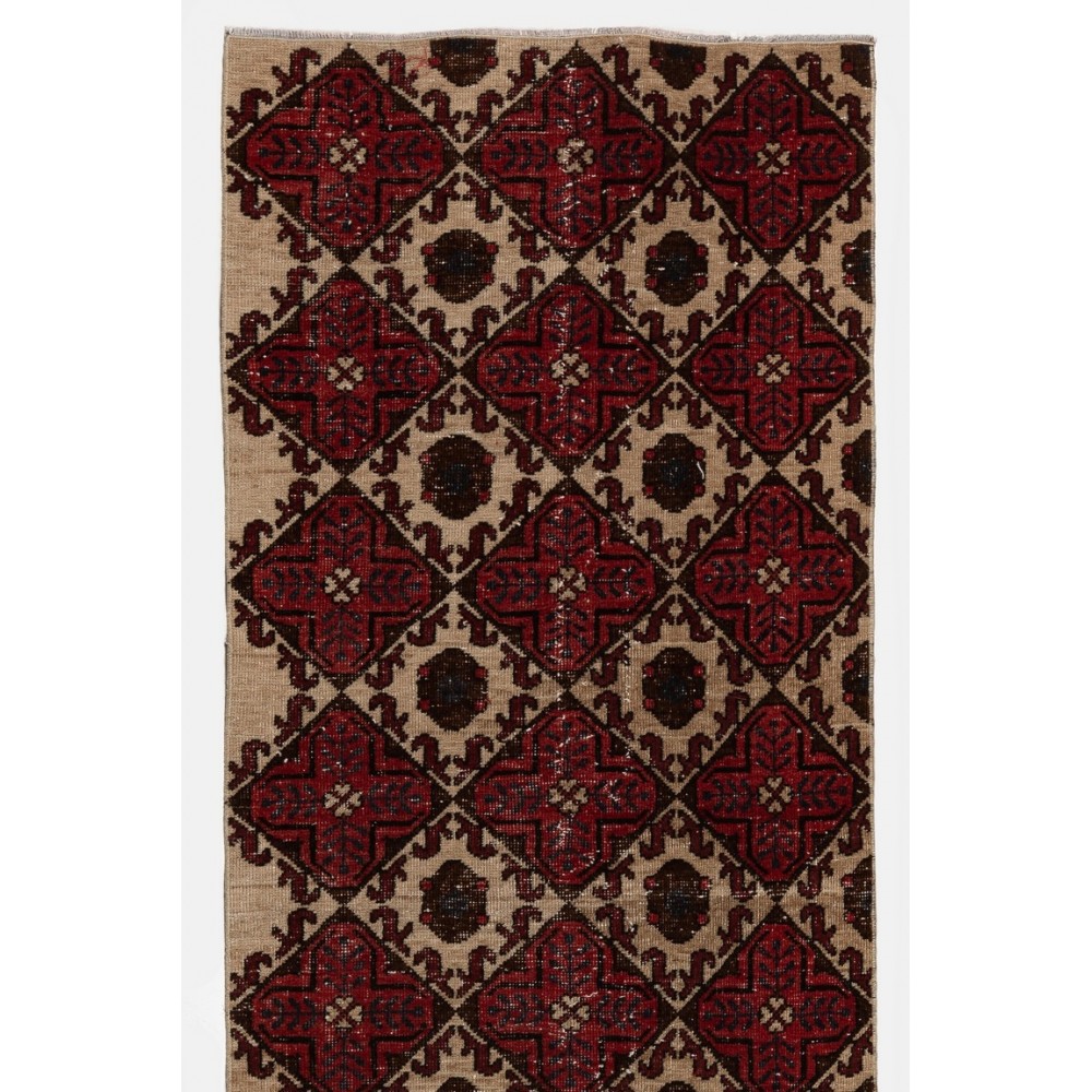 Handmade Vintage Turkish Runner Rug in Red, Beige, Brown & Navy Blue