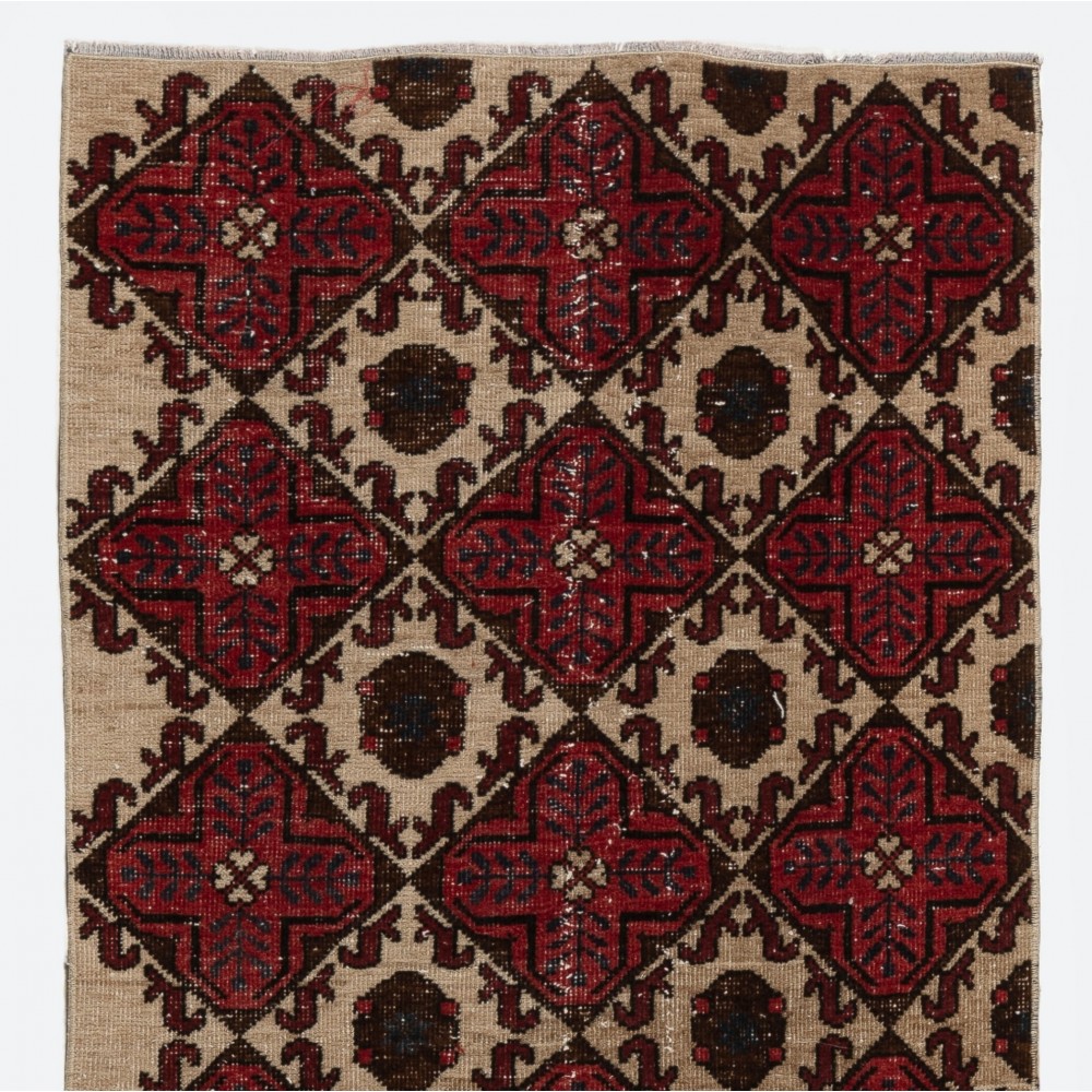 Vintage Handmade Turkish Runner Rug in Red, Beige, Brown and Navy Blue Vintage Handmade Turkish Runner Rug in Red, Beige, Brown and Navy Blue