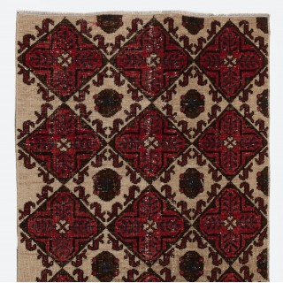 Vintage Handmade Turkish Runner Rug in Red, Beige, Brown and Navy Blue