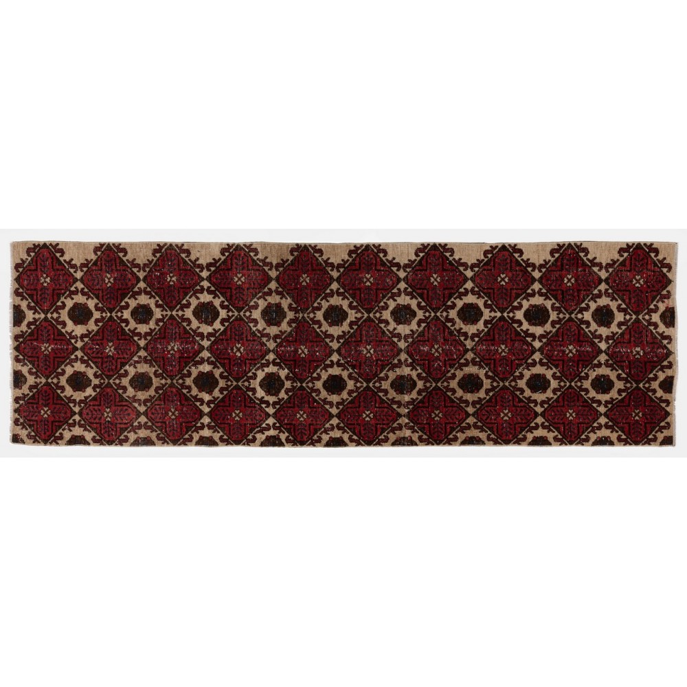 Handmade Vintage Turkish Runner Rug in Red, Beige, Brown & Navy Blue