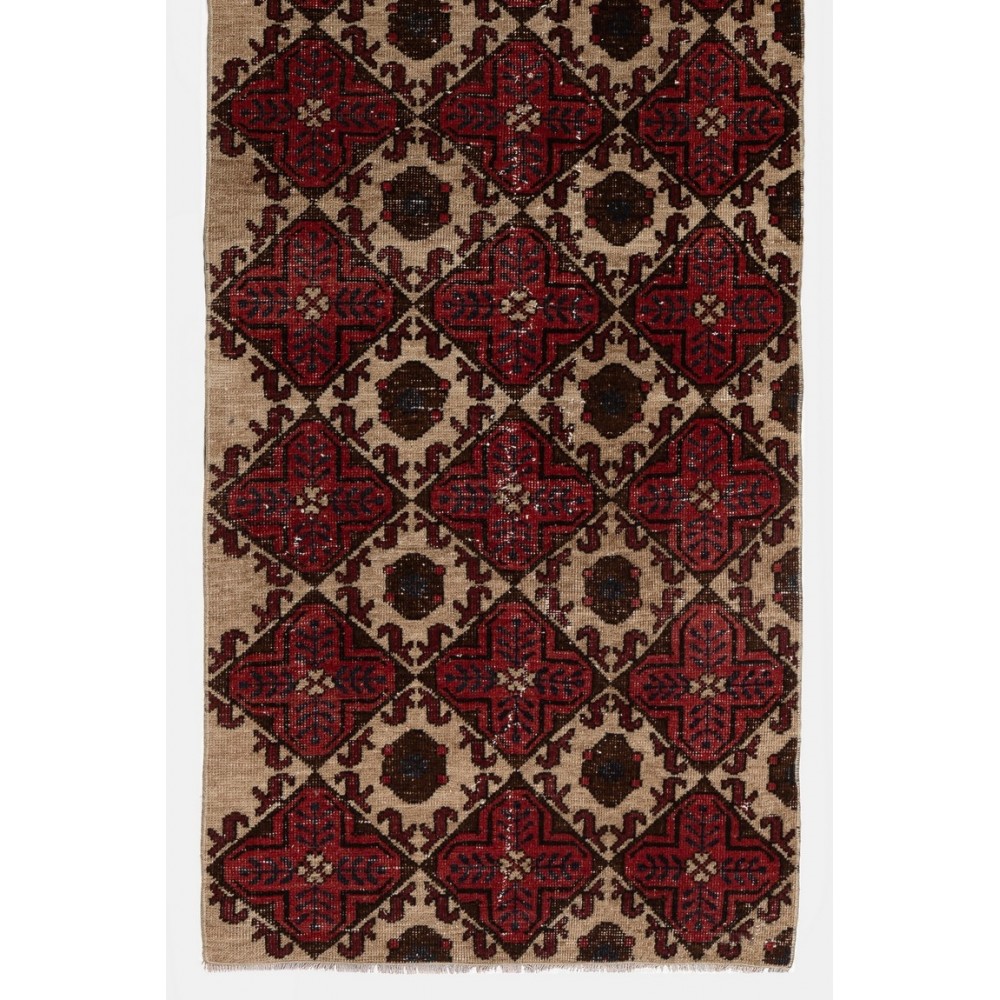 Handmade Vintage Turkish Runner Rug in Red, Beige, Brown & Navy Blue