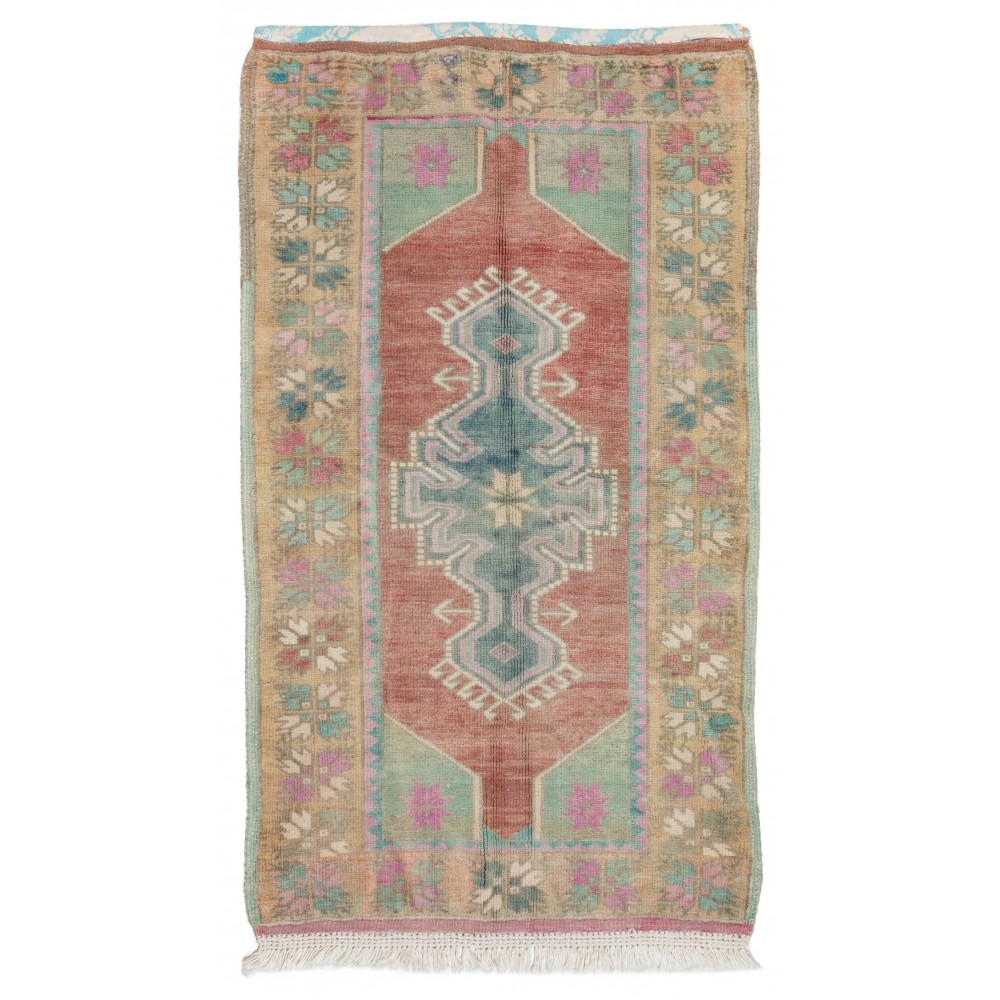 Vintage Turkish Scatter Rug in Soft Red, Green, Pink, Purple Colors