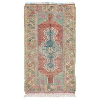 Vintage Turkish Scatter Rug in Soft Red, Green, Pink, Purple Colors