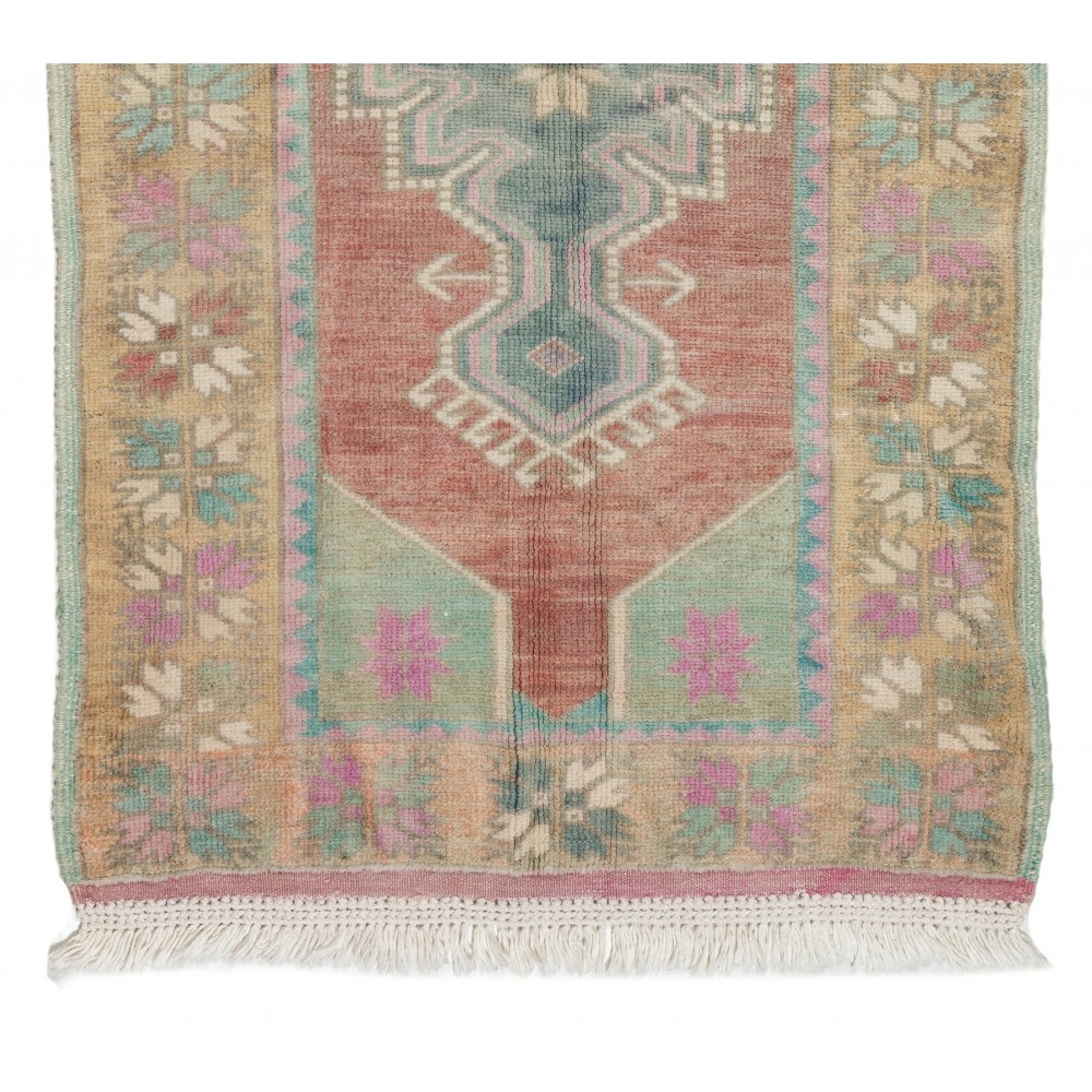 Vintage Turkish Scatter Rug in Soft Red, Green, Pink and Purple Vintage Turkish Scatter Rug in Soft Red, Green, Pink and Purple