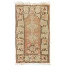Vintage Handknotted Milas Accent Rug in Soft Salmon & Beige with Geometric Design. 100% Wool