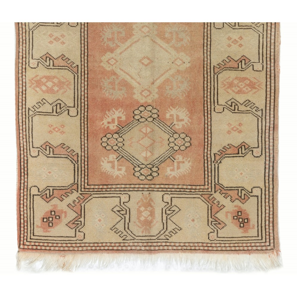 Vintage Handknotted Milas Accent Rug in Soft Salmon & Beige with Geometric Design. 100% Wool Vintage Handknotted Milas Accent Rug in Soft Salmon & Beige with Geometric Design. 100% Wool
