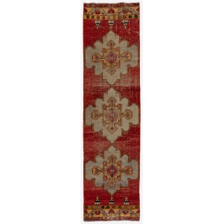 Vintage Turkish Runner Rug, Hand Knotted Wool Hallway Runner with Geometric Medallion Design, Red Narrow Rug for Kitchen