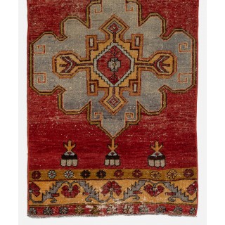 Vintage Turkish Runner Rug, Hand Knotted Wool Hallway Runner with Geometric Medallion Design, Red Narrow Rug for Kitchen