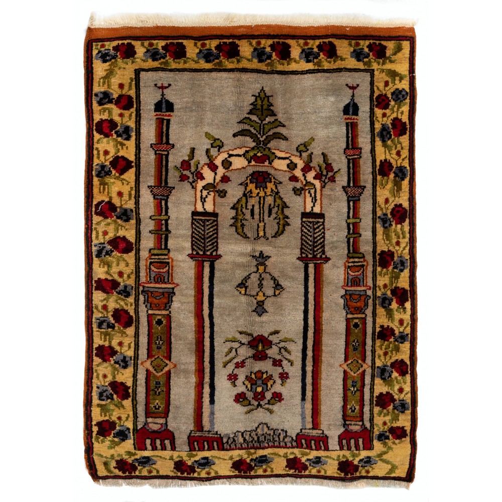 Vintage Turkish Prayer Rug depicting an Archway, Columns and Flowers