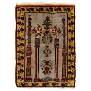 Vintage Turkish Prayer Rug depicting an Archway, Columns and Flowers