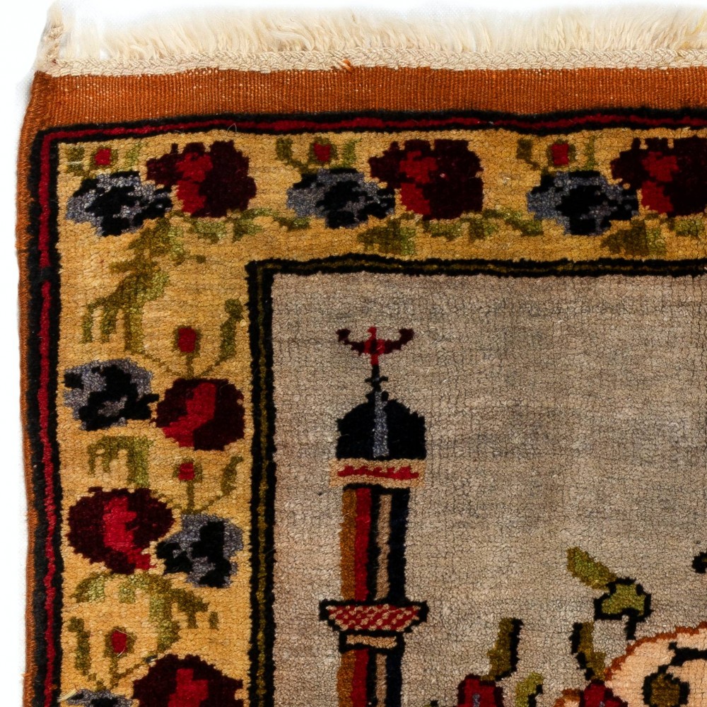 Vintage Turkish Prayer Rug depicting an Archway, Columns and Flowers