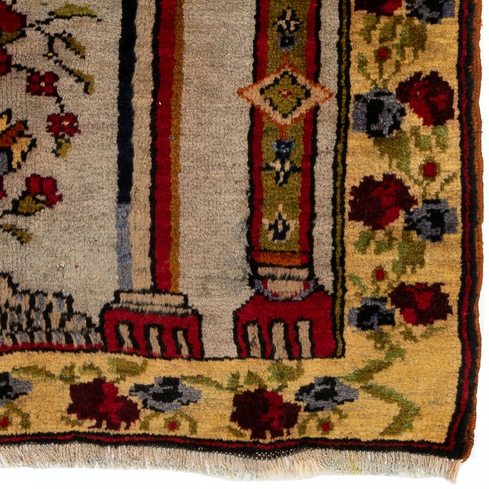 Vintage Turkish Prayer Rug depicting an Archway, Columns and Flowers