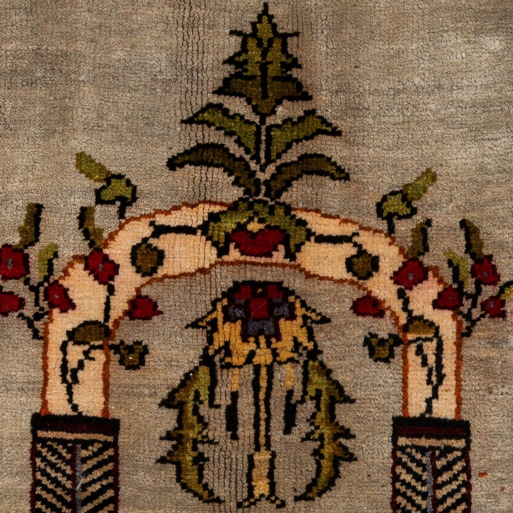 Vintage Turkish Prayer Rug depicting an Archway, Columns and Flowers