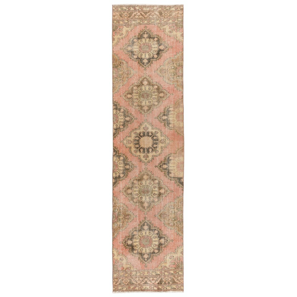 Vintage Handmade Turkish Narrow Hallway Runner in Faded Red & Beige