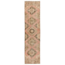Vintage Handmade Turkish Narrow Hallway Runner in Faded Red & Beige