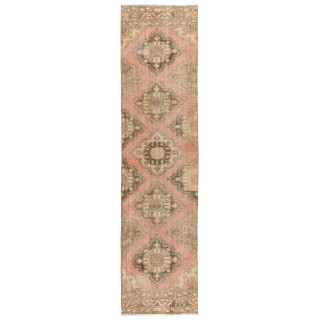 Vintage Handmade Turkish Narrow Hallway Runner in Faded Red & Beige
