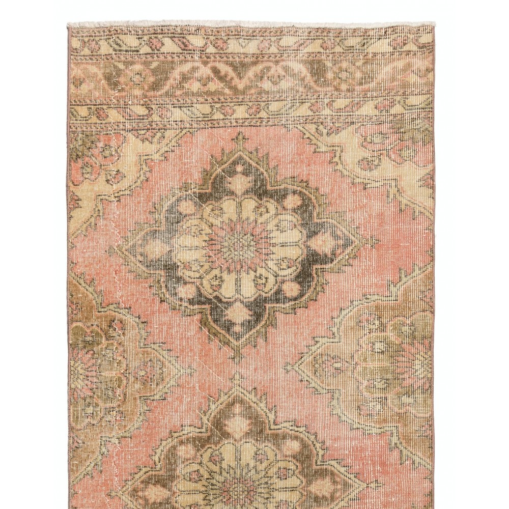 Vintage Handmade Turkish Narrow Hallway Runner in Faded Red & Beige
