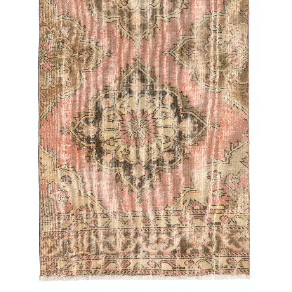 Vintage Handmade Turkish Narrow Hallway Runner in Faded Red & Beige