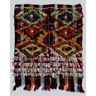 Handwoven Turkish Kilim (Flat-weave) with Colorful Cotton Pomps, Vintage Wool Wall Hanging