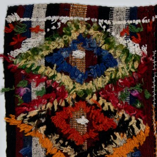 Handwoven Turkish Kilim (Flat-weave) with Colorful Cotton Pomps, Vintage Wool Wall Hanging