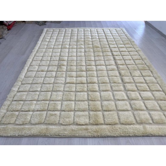 9x12 Ft Custom Grid Pattern Tulu Rug, 100% Wool, Handmade Cream Checkered Carpet