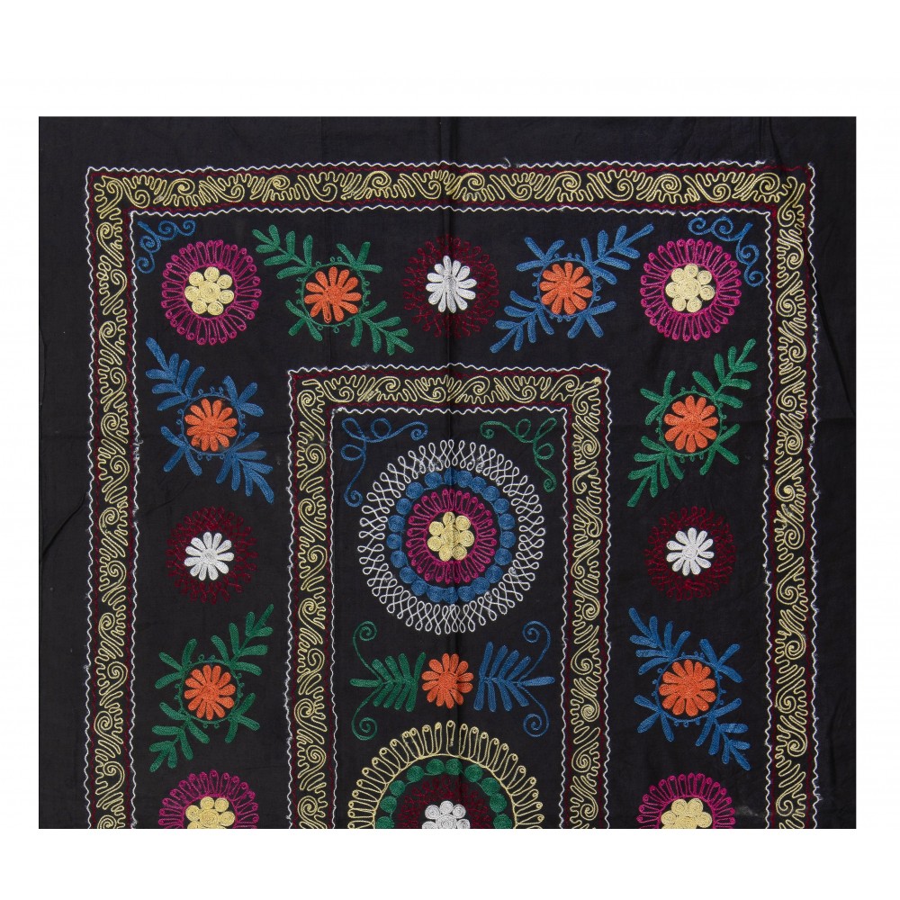 Decorative Silk and Cotton Suzani Wall Hanging in Black, Vintage Uzbek Embroidered Bedspread, Needlework Tapestry