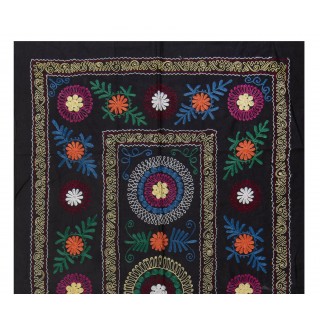 Silk and Cotton Suzani Wall Hanging in Black. Vintage Uzbek Embroidered Bedspread. Needlework Tapestry Silk and Cotton Suzani Wall Hanging in Black. Vintage Uzbek Embroidered Bedspread. Needlework Tapestry