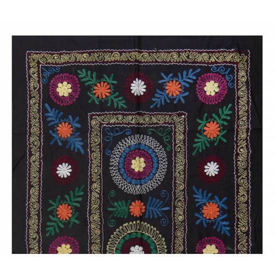 Decorative Silk and Cotton Suzani Wall Hanging in Black, Vintage Uzbek Embroidered Bedspread, Needlework Tapestry