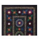 Decorative Silk and Cotton Suzani Wall Hanging in Black, Vintage Uzbek Embroidered Bedspread, Needlework Tapestry