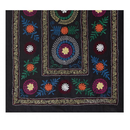 Decorative Silk and Cotton Suzani Wall Hanging in Black, Vintage Uzbek Embroidered Bedspread, Needlework Tapestry