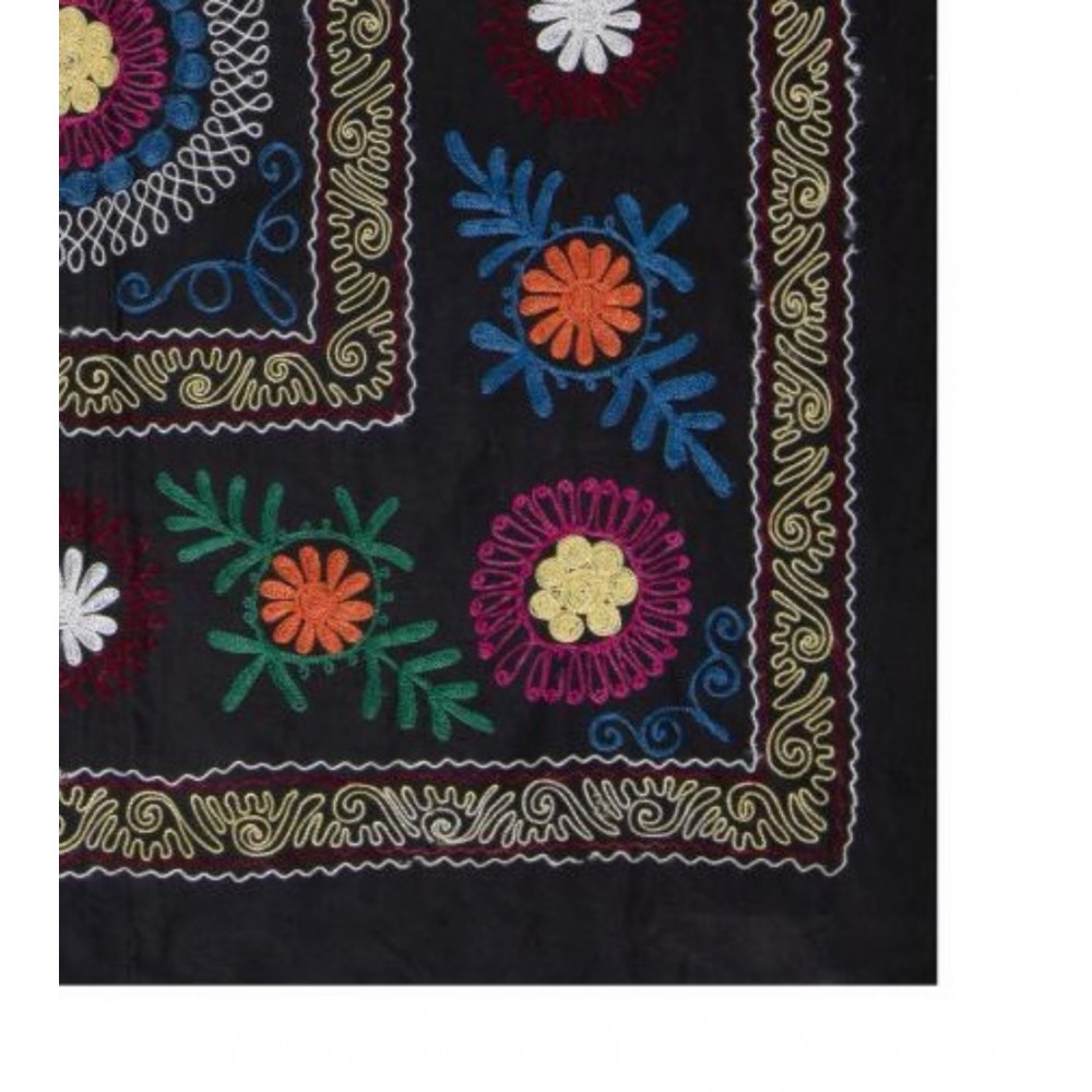 Decorative Silk and Cotton Suzani Wall Hanging in Black, Vintage Uzbek Embroidered Bedspread, Needlework Tapestry