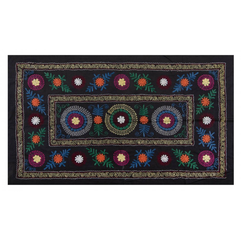 Decorative Silk and Cotton Suzani Wall Hanging in Black, Vintage Uzbek Embroidered Bedspread, Needlework Tapestry