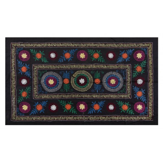 Decorative Silk and Cotton Suzani Wall Hanging in Black, Vintage Uzbek Embroidered Bedspread, Needlework Tapestry