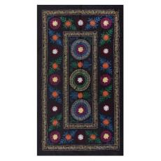Silk and Cotton Suzani Wall Hanging in Black. Vintage Uzbek Embroidered Bedspread. Needlework Tapestry