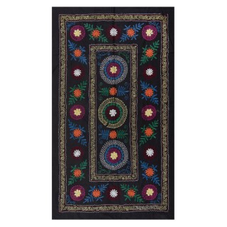 Silk and Cotton Suzani Wall Hanging in Black. Vintage Uzbek Embroidered Bedspread. Needlework Tapestry
